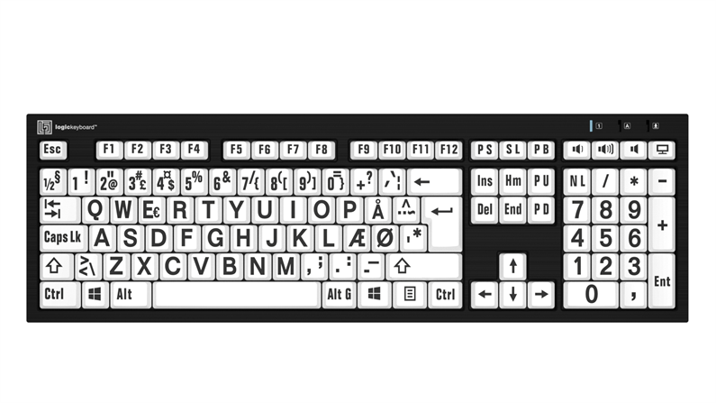 Large Print - Black on White<br>NERO Slimline Keyboard – Windows<br>DK Danish