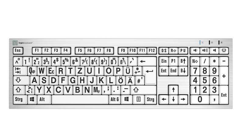 Large Print - Black on White<br>Silver Slimline Keyboard – Windows<br>DE German