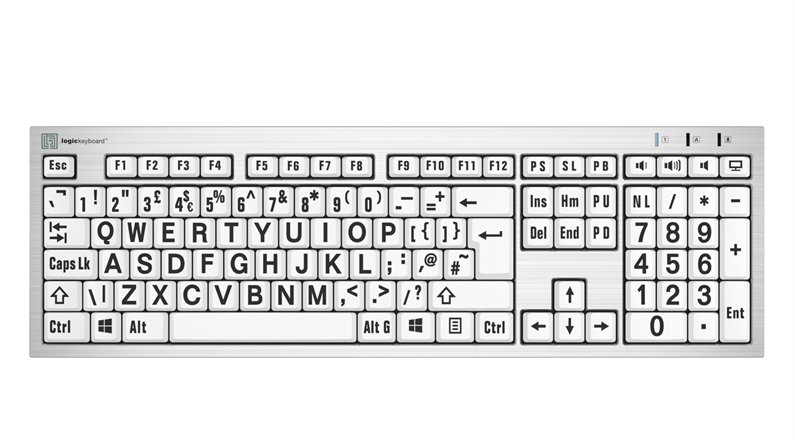 Large Print - Black on White<br>Silver Slimline Keyboard – Windows<br>UK European English