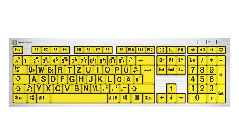 Large Print - Black on Yellow<br>Silver Slimline Keyboard – Windows<br>DE German