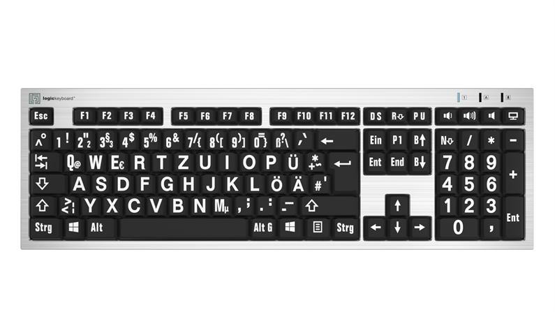 Large Print - White on Black<br>Silver Slimline Keyboard – Windows<br>DE German