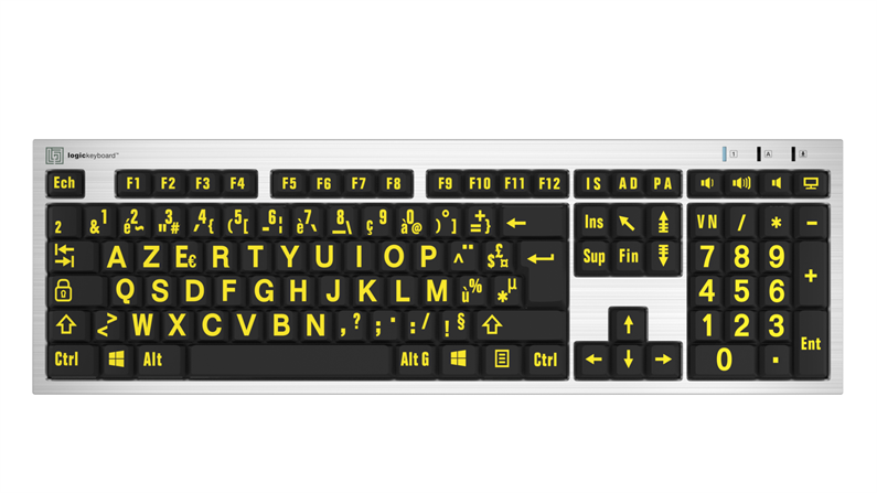 Large Print - Yellow on Black<br>Silver Slimline Keyboard – Windows<br>FR French