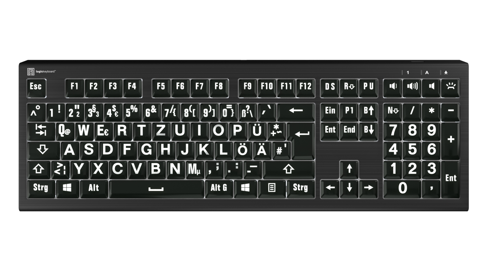  Logickeyboard Large Print - White on Black ASTRA2 Backlit Keyboard – Windows DE German