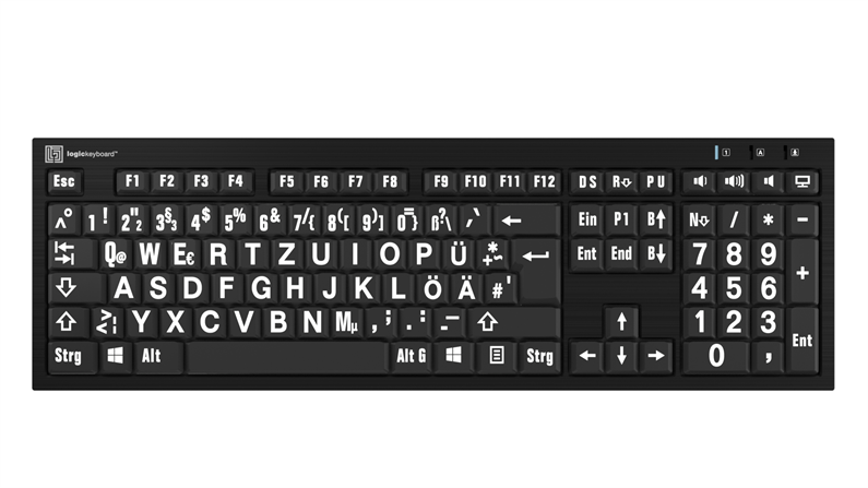  Logickeyboard Large Print - White on Black NERO Slimline Keyboard – Windows DE German