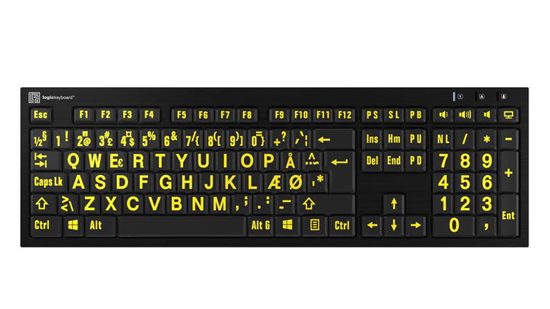 Large Print - Yellow on Black<br>NERO Slimline Keyboard – Windows<br>DK Danish