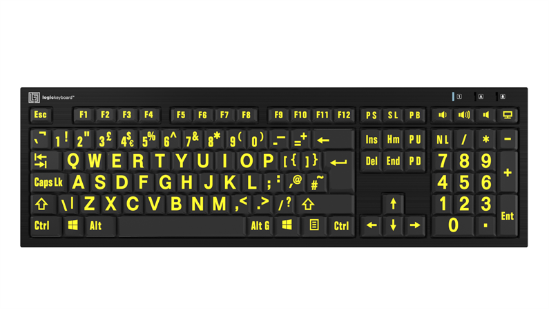 Large Print - Yellow on Black<br>NERO Slimline Keyboard – Windows<br>UK European English